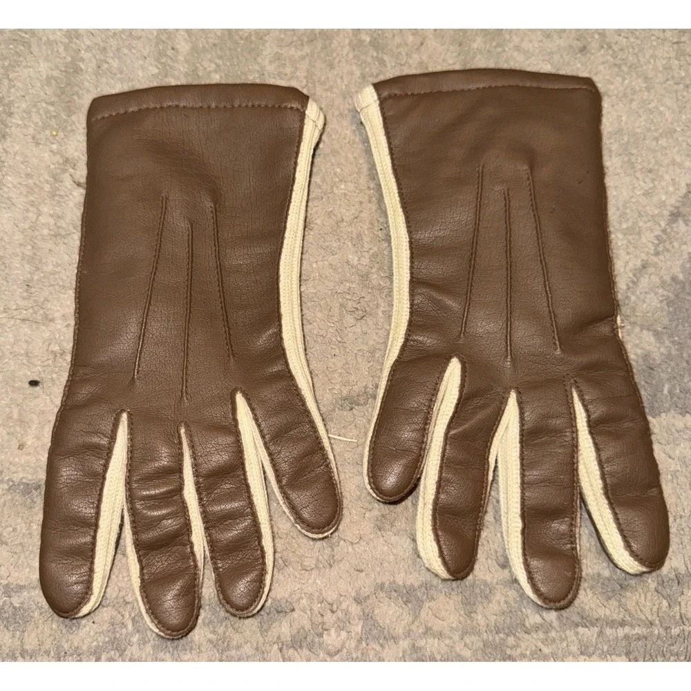 Vintage‎ Fownes Faux Leather Gloves Cream Brown Womens Gloves Lined Womens Sz 6